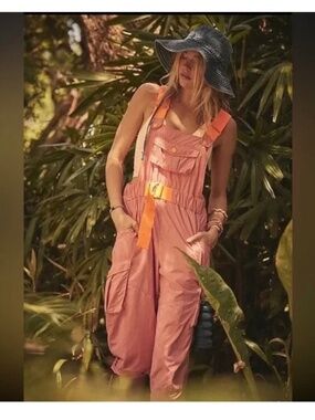 Free People Utility Overalls Jumpsuit Pink Cargo Belted Size L NWT